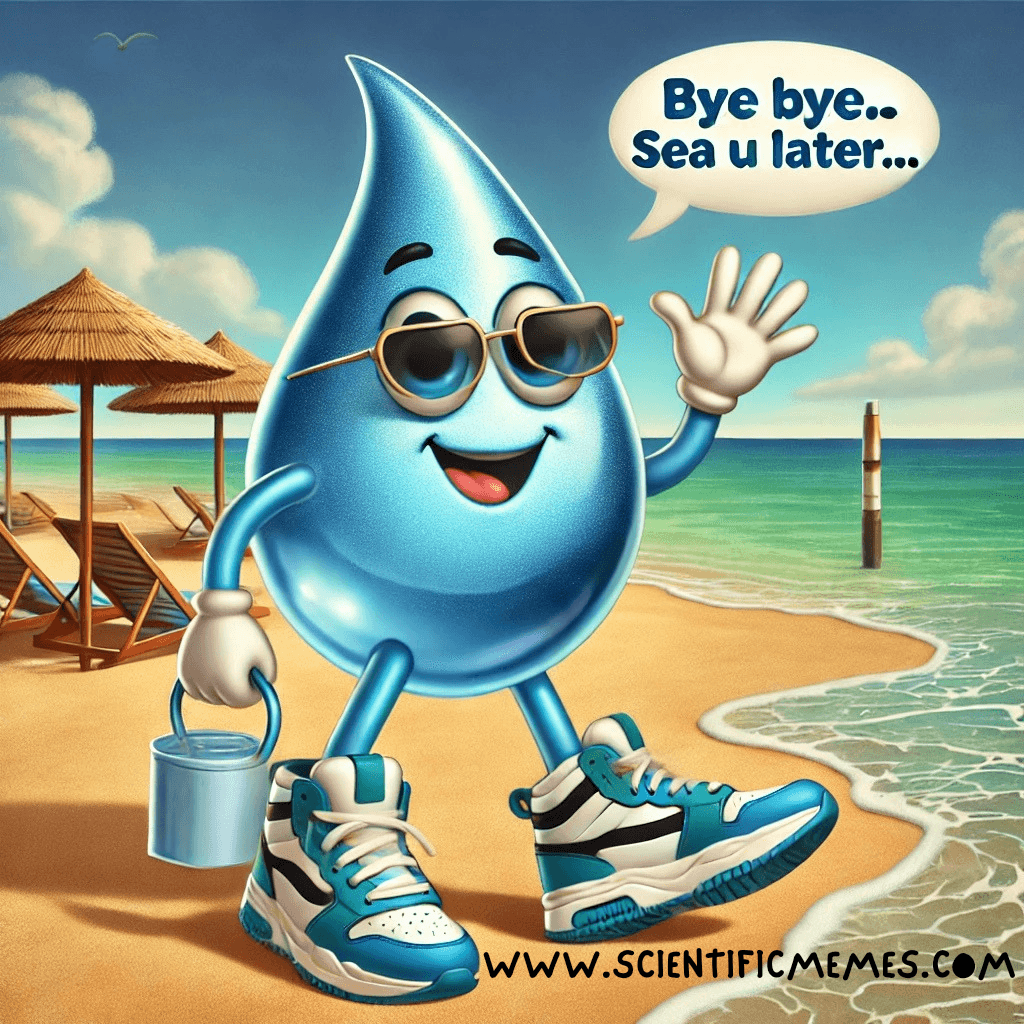 Science meme of a happy water droplet at the beach, wearing sunglasses and waving goodbye with the pun 'Sea you later!'