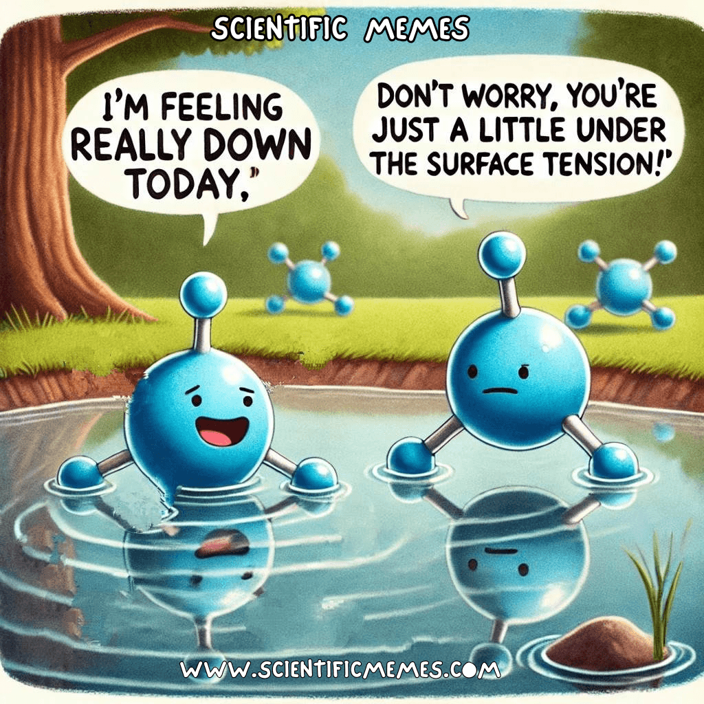 Water pun featuring a sad water molecule saying 'I'm feeling really down today' and another molecule replying, 'You're just under surface tension!'