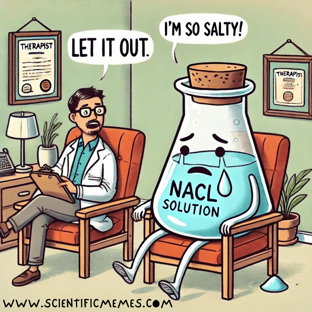 Science meme of a sad beaker labeled 'NaCl solution' in therapy, saying 'I’m so salty!' as the therapist responds, 'Let it out