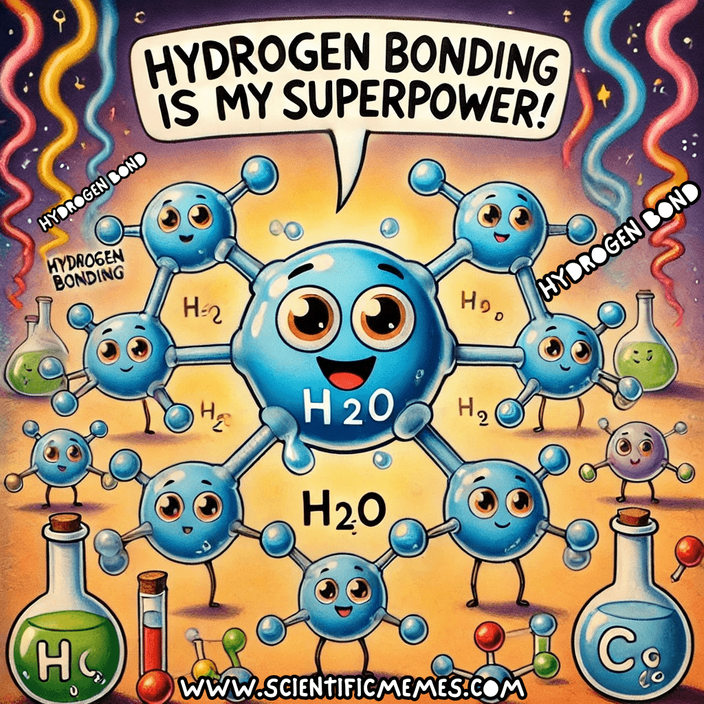Funny science meme of an anthropomorphized water molecule holding a sign that says, 'Hydrogen bonding is my superpower!'