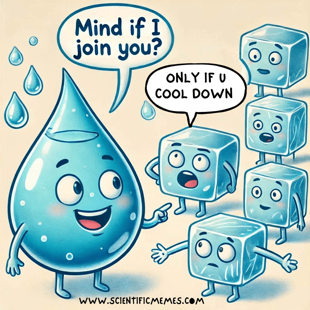 Science meme of an excited water droplet being told by ice cubes, 'Cool down before you join us!'