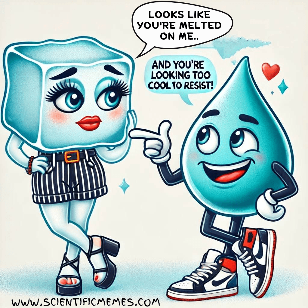 Water pun illustration of a flirty ice cube telling a water droplet, 'I think you're melting for me,' with a cool comeback.