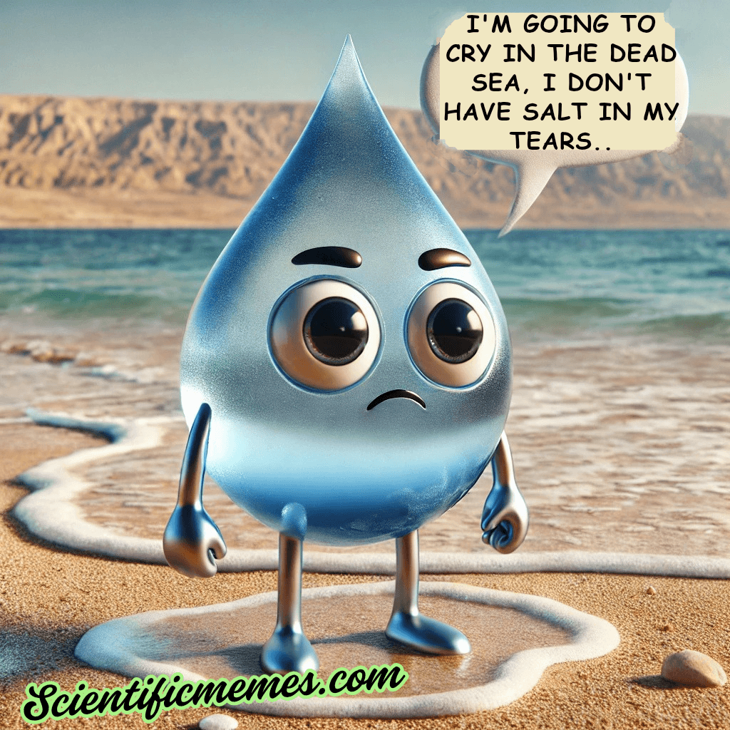Funny science meme of a sad water droplet standing by the Dead Sea, saying 'I’m going to cry, but I don’t have salt in my tears!'