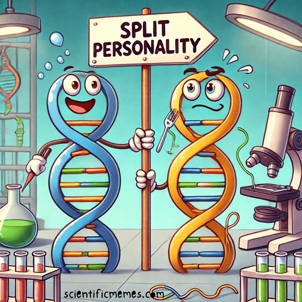 A biology meme in which DNA splitting during replication is shown in a funny split personality behavior.